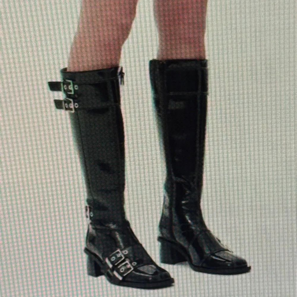 Ganni Black Patent Leather Knee-High Buckle Boots - Picture 2 of 15